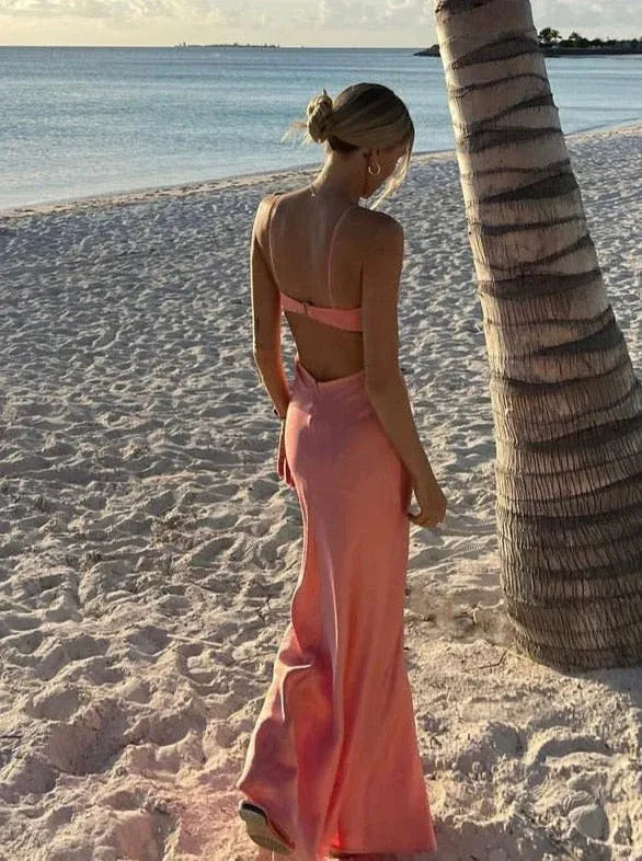 Elegant Sheath V-Neck Sleeveless Cutout Backless Satin Maxi Wedding Guest Dress