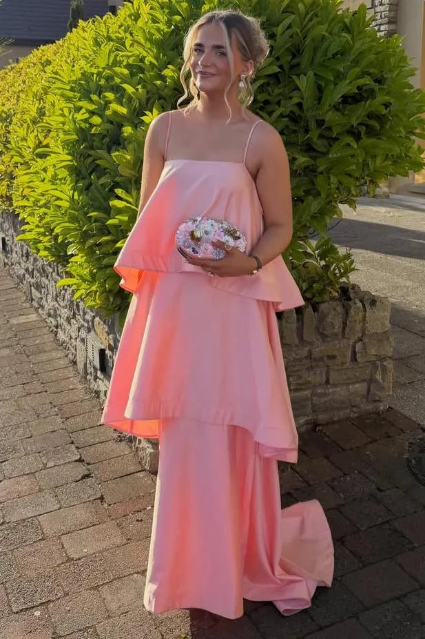 Loverlm coral pink spaghetti strap prom dress with straight neckline layered bodice and flowing tiered floor-length A-line skirt