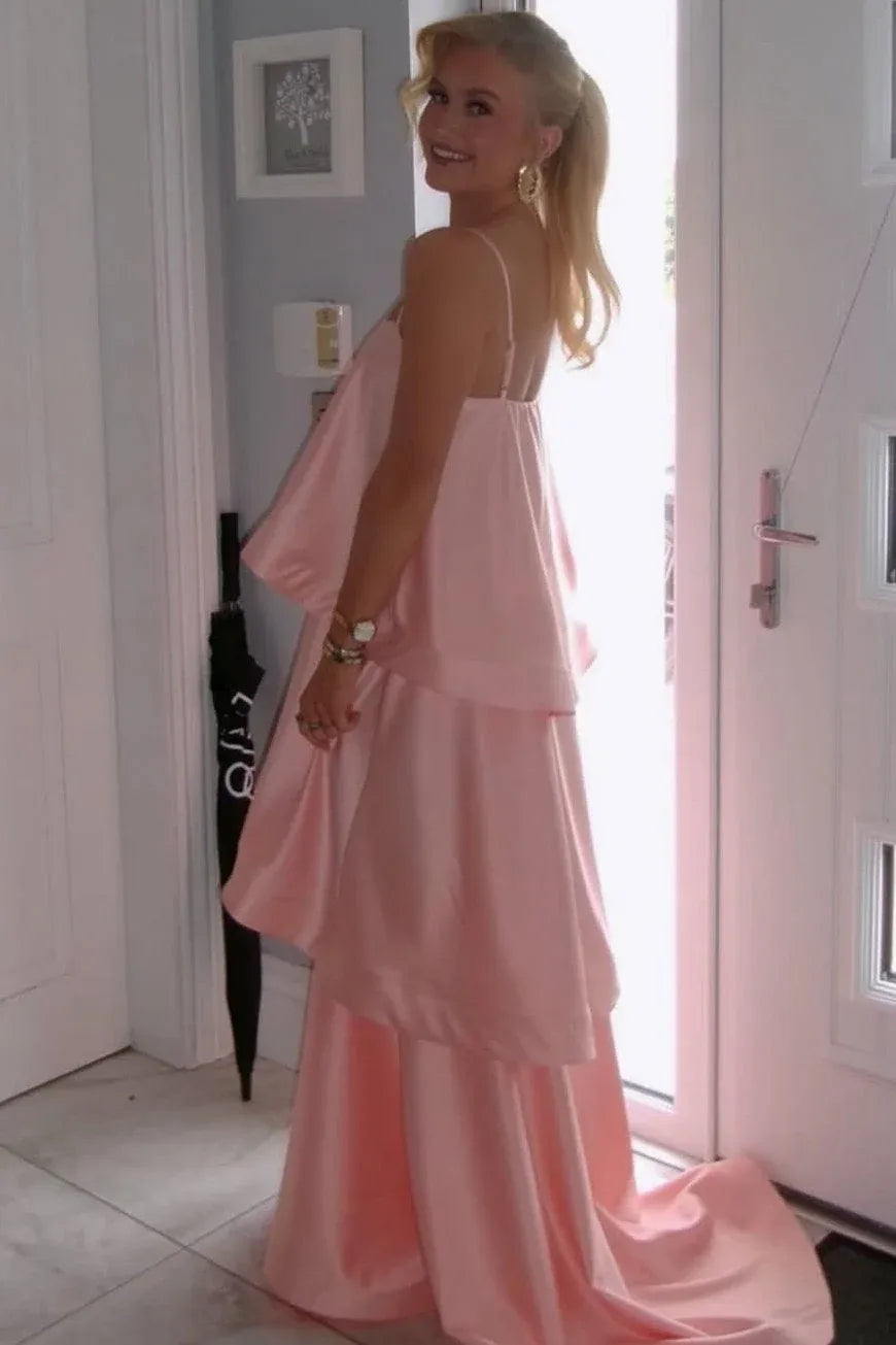 Chic A-Line Straight Spaghetti-Strap Layered Straight-Back Floor-Length Prom Dress