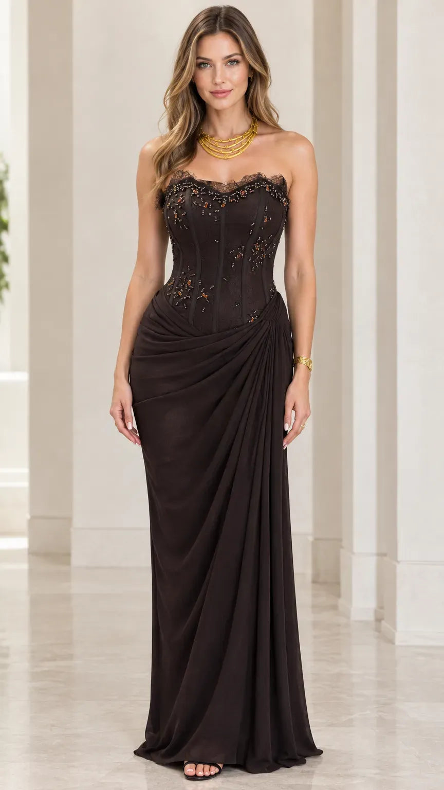 Loverlm dark chocolate evening dress with strapless corset bodice lace trim beading ruched waist and floor-length sheath skirt