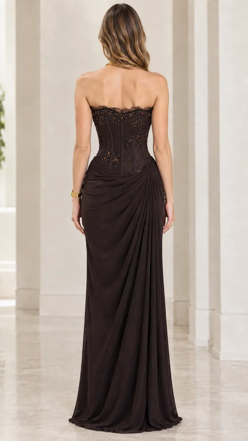 Elegant Sheath Strapless Lace-Trim Beaded Zipper-Back Floor-Length Evening Dress