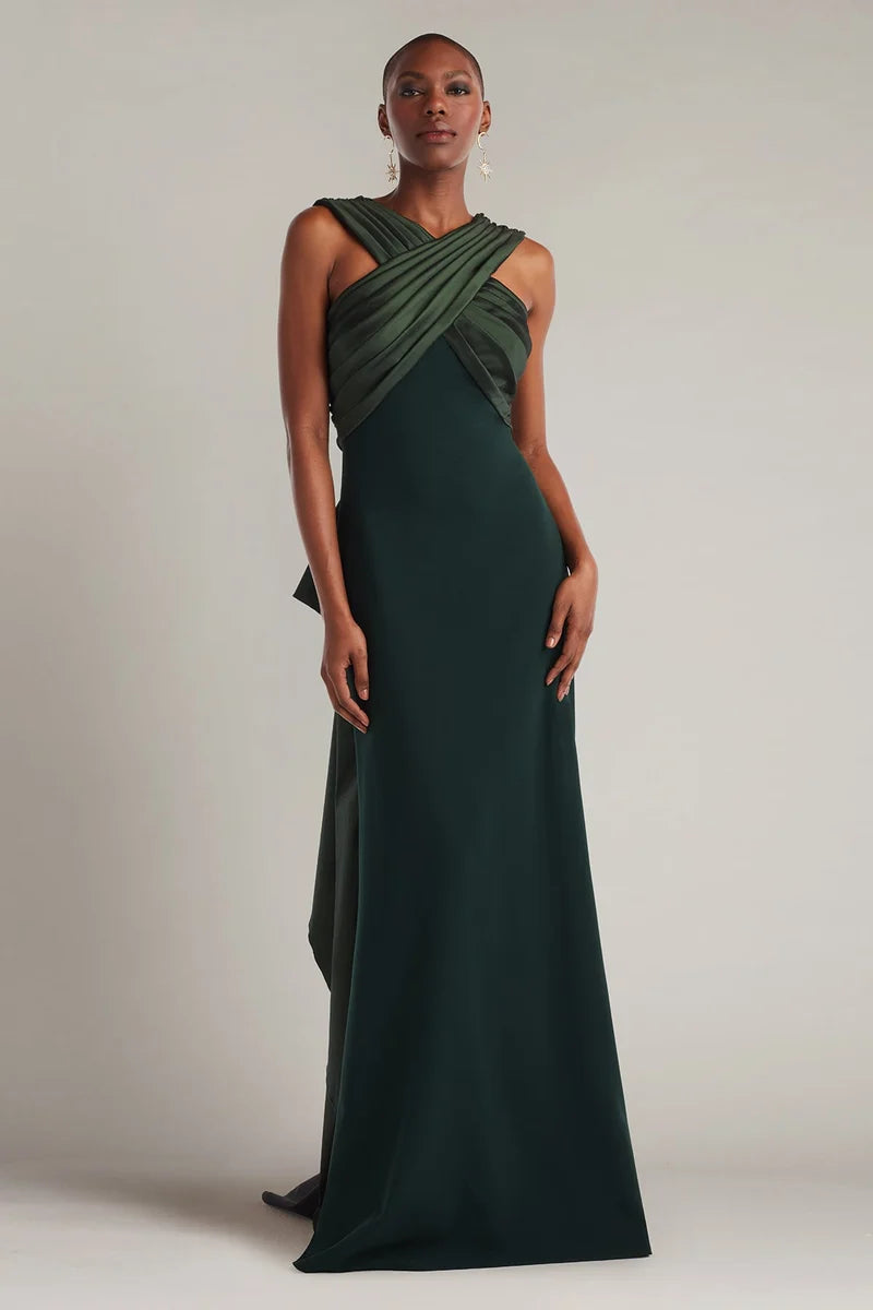 Loverlm dark forest green evening dress with pleated high neckline crossed draped bodice and elegant floor-length column silhouette
