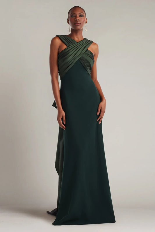 Loverlm dark forest green evening dress with pleated high neckline crossed draped bodice and elegant floor-length column silhouette