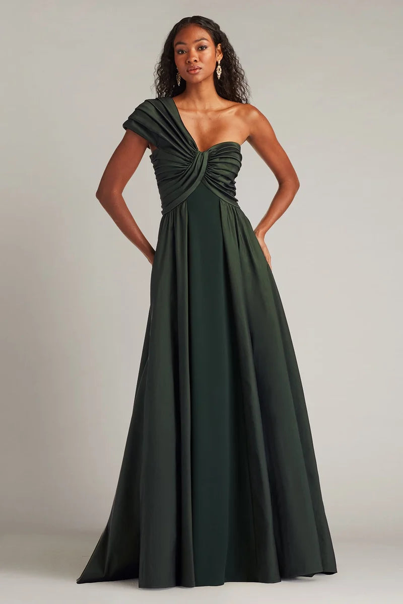 Loverlm dark forest green bridesmaid dress with one-shoulder sweetheart neckline ruched bodice and flowing floor-length A-line skirt