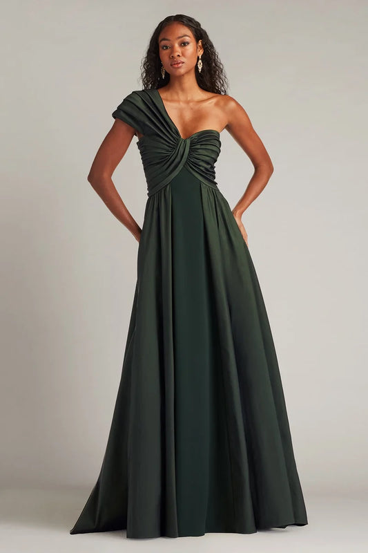 Loverlm dark forest green bridesmaid dress with one-shoulder sweetheart neckline ruched bodice and flowing floor-length A-line skirt