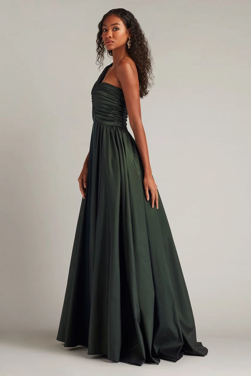 Elegant A-Line Sweetheart One-Shoulder Ruched Zipper-Back Floor-Length Wedding Guest Dress