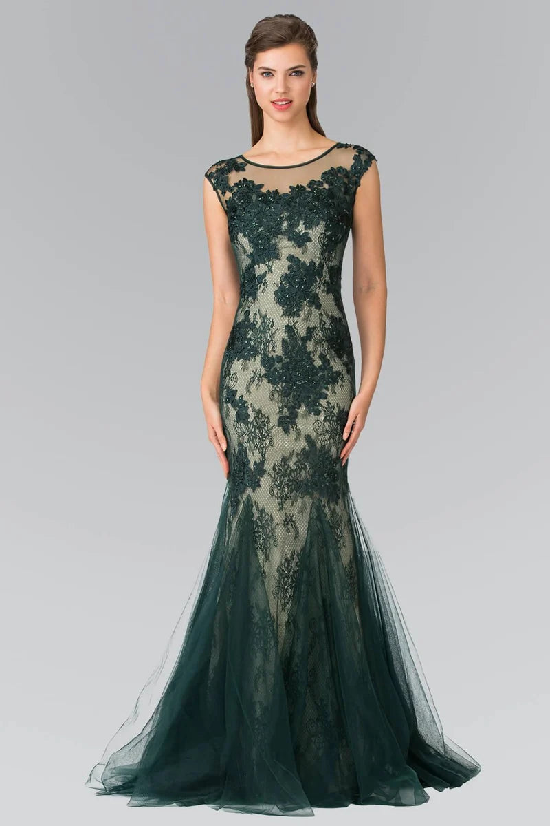 Loverlm dark green lace mermaid illusion neck evening dress front view