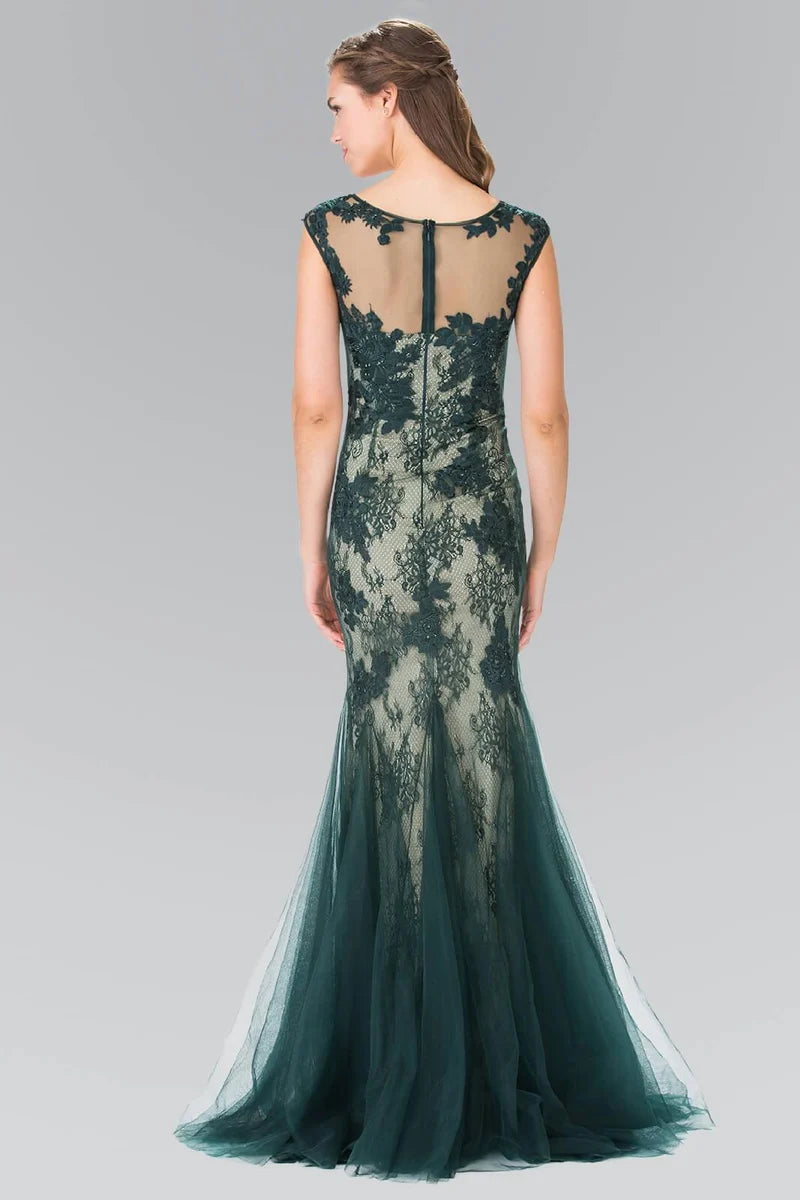 Elegant Mermaid Illusion-Neck Sleeveless Sheer-Back Floor-Length Evening Dress