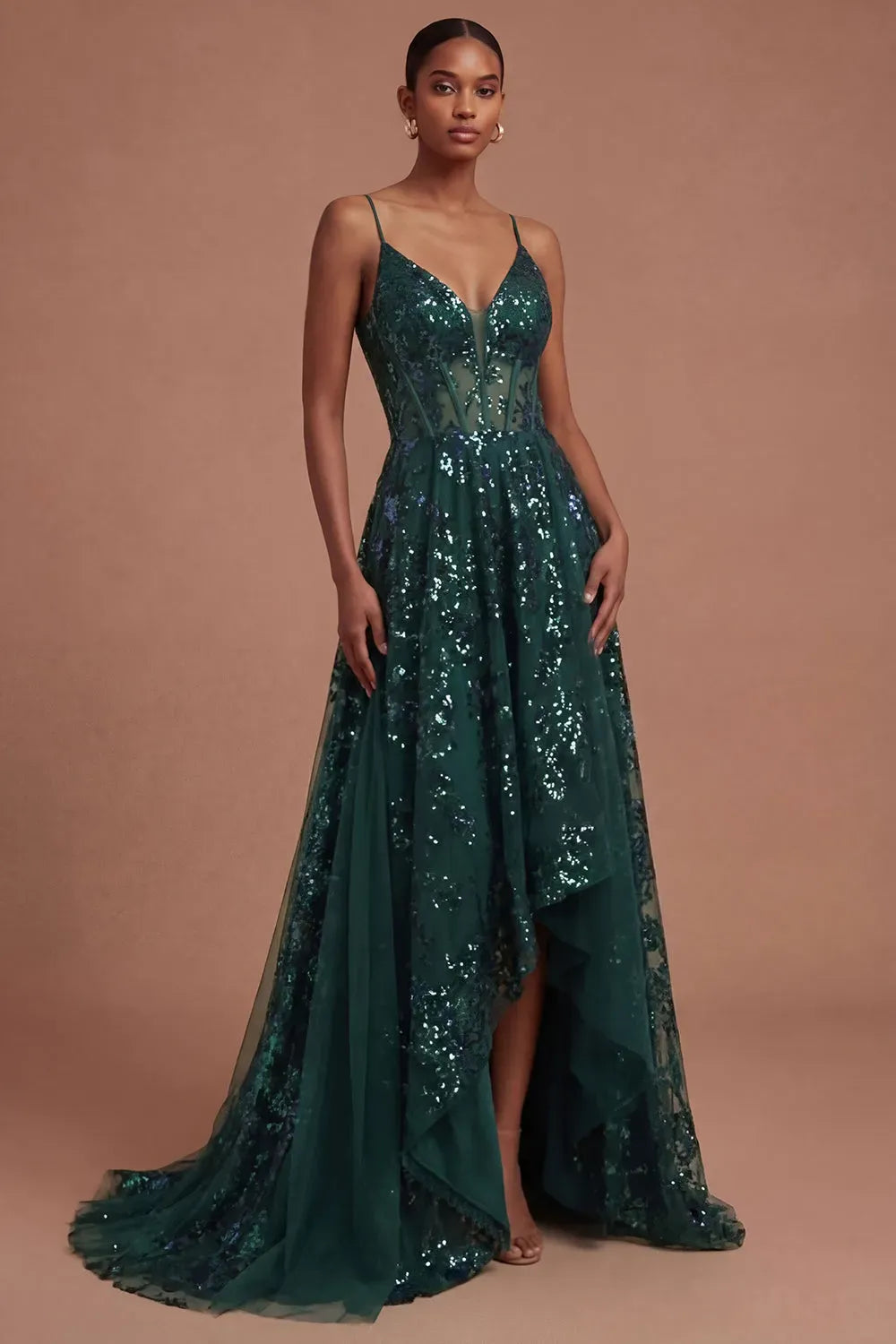 Loverlm dark green sequin A-line prom dress with V-neck corset bodice