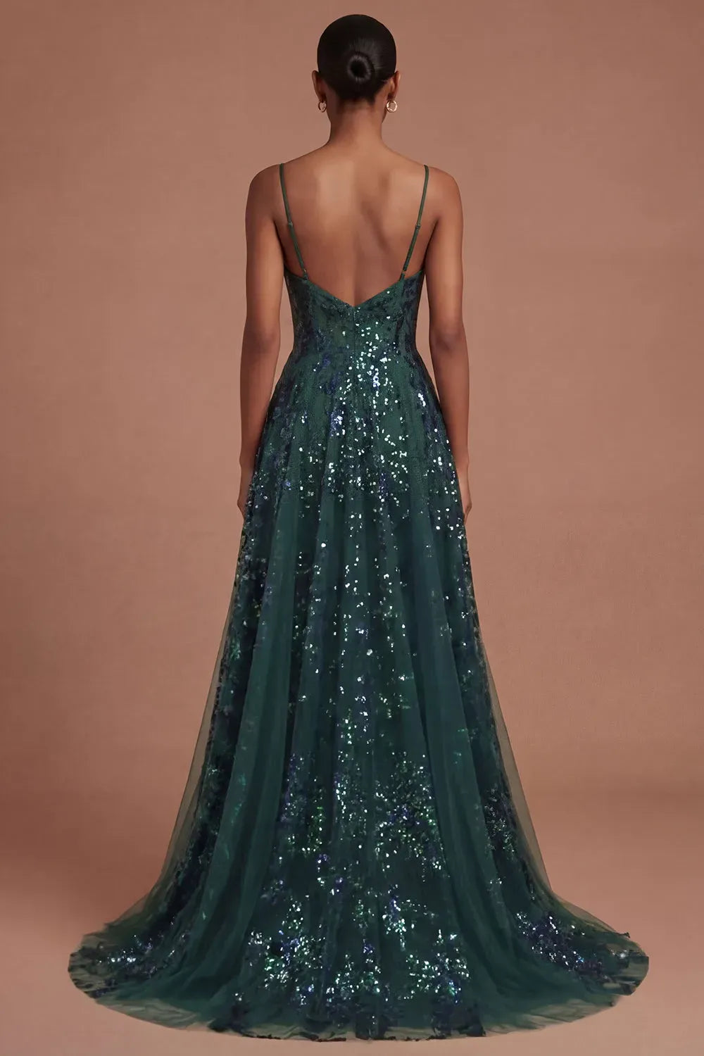 Glamorous A-Line V-Neck Sleeveless V-Back Floor-Length Sequin Prom Dress