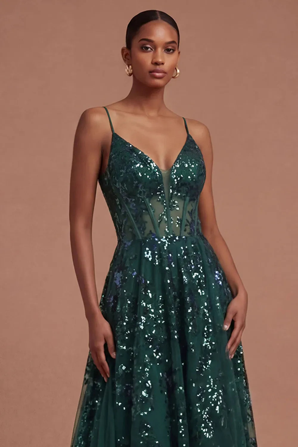 Glamorous A-Line V-Neck Sleeveless V-Back Floor-Length Sequin Prom Dress