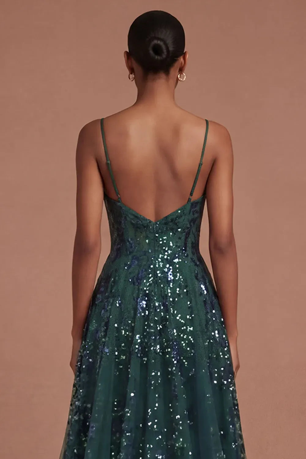 Glamorous A-Line V-Neck Sleeveless V-Back Floor-Length Sequin Prom Dress