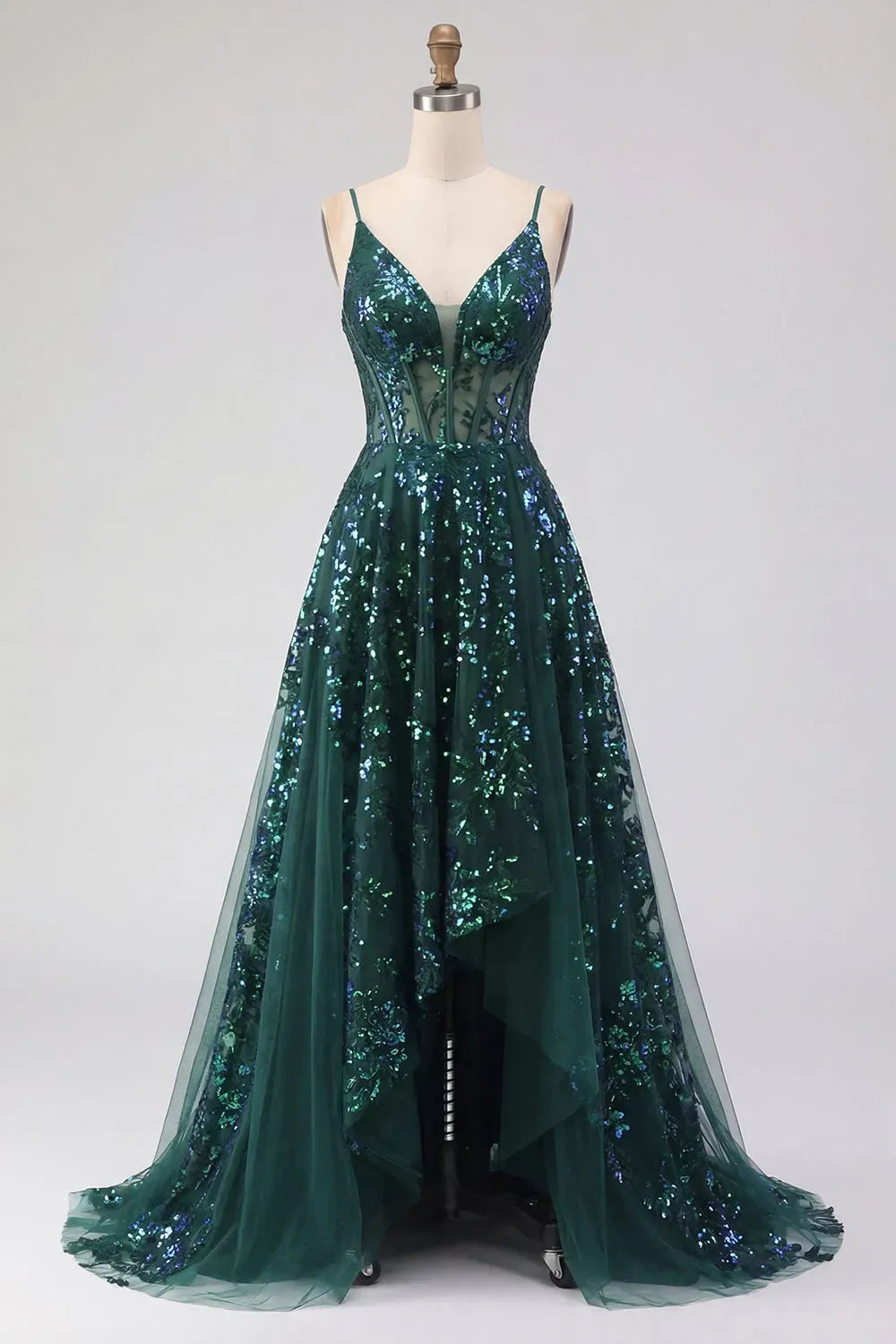 Glamorous A-Line V-Neck Sleeveless V-Back Floor-Length Sequin Prom Dress