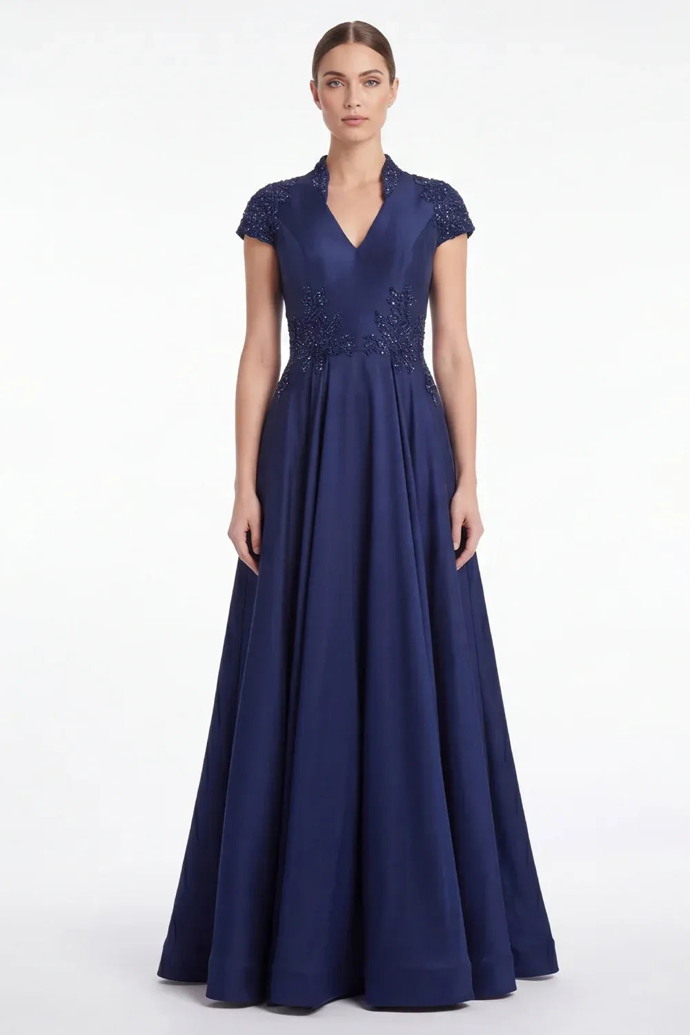 Loverlm dark navy A-line gown with a collared V-neck, beaded lace cap sleeves, waist appliques and a full floor-length skirt.