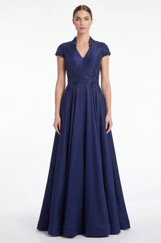 Loverlm dark navy A-line gown with a collared V-neck, beaded lace cap sleeves, waist appliques and a full floor-length skirt.