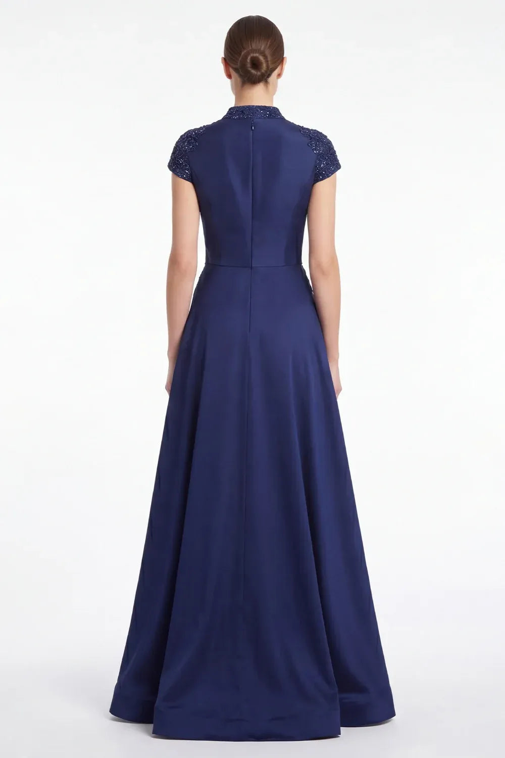 Regal Lace-Accented A-Line V-Neck Cap-Sleeve Zipper-Back Floor-Length Mother of the Bride Dress