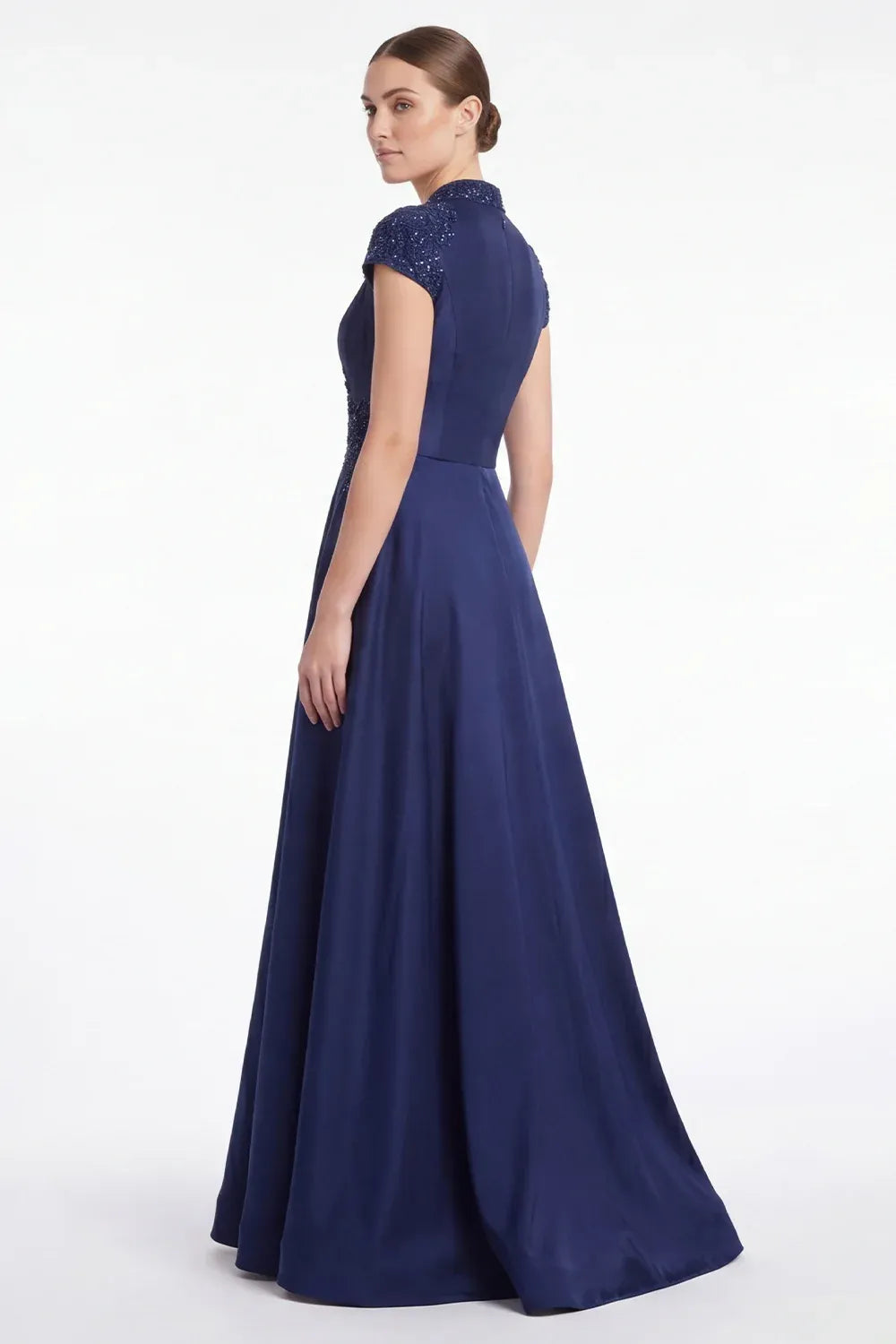 Regal Lace-Accented A-Line V-Neck Cap-Sleeve Zipper-Back Floor-Length Mother of the Bride Dress