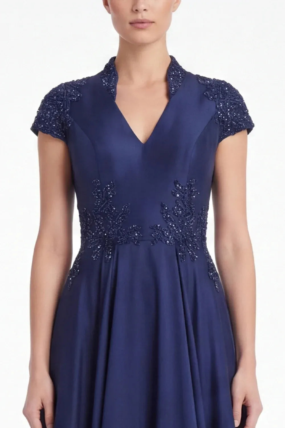 Regal Lace-Accented A-Line V-Neck Cap-Sleeve Zipper-Back Floor-Length Mother of the Bride Dress