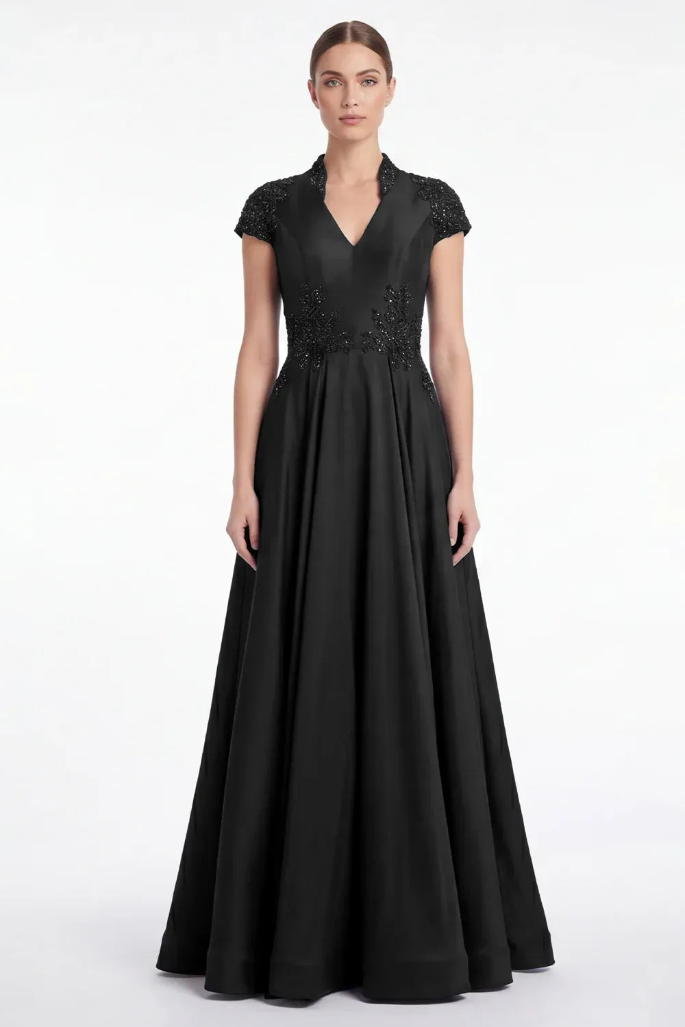 Regal Lace-Accented A-Line V-Neck Cap-Sleeve Zipper-Back Floor-Length Mother of the Bride Dress