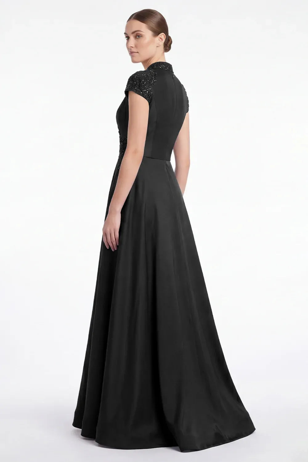 Regal Lace-Accented A-Line V-Neck Cap-Sleeve Zipper-Back Floor-Length Mother of the Bride Dress