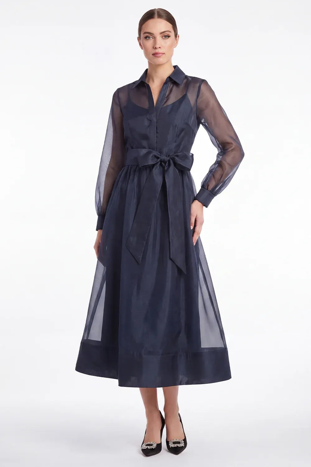Loverlm dark navy organza midi dress with a pointed collar, sheer long sleeves, front waist bow and gathered A-line skirt.