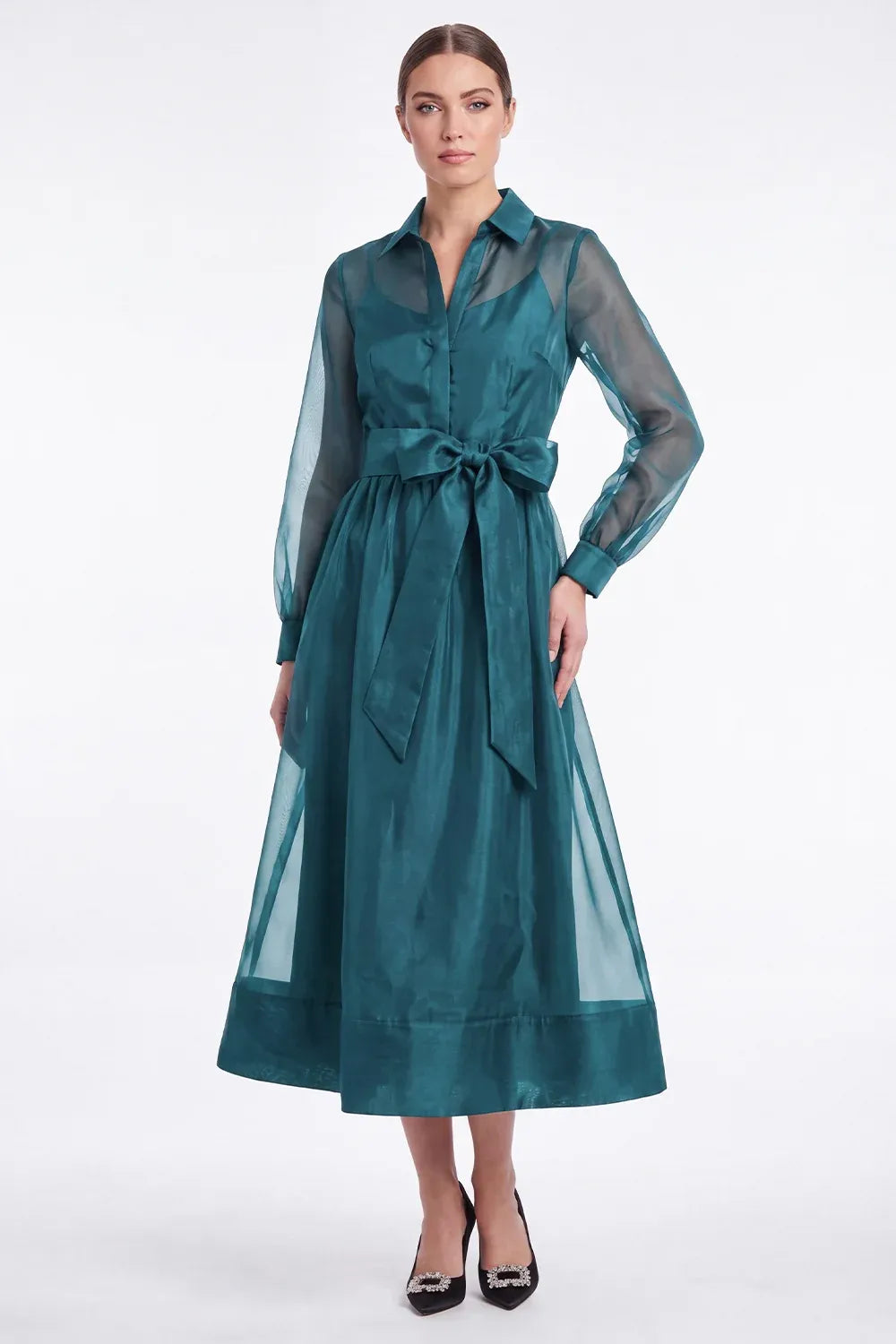 Chic Organza A-Line Collared Long-Sleeve Sheer-Back Tea-Length Wedding Guest Dress