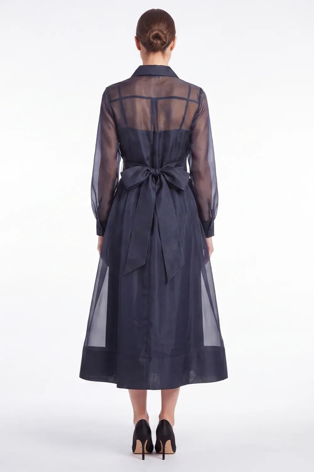 Chic Organza A-Line Collared Long-Sleeve Sheer-Back Tea-Length Wedding Guest Dress