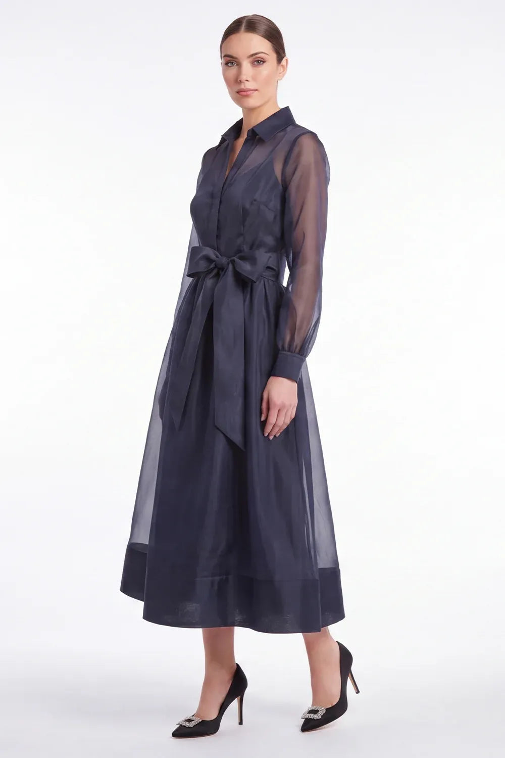 Chic Organza A-Line Collared Long-Sleeve Sheer-Back Tea-Length Wedding Guest Dress