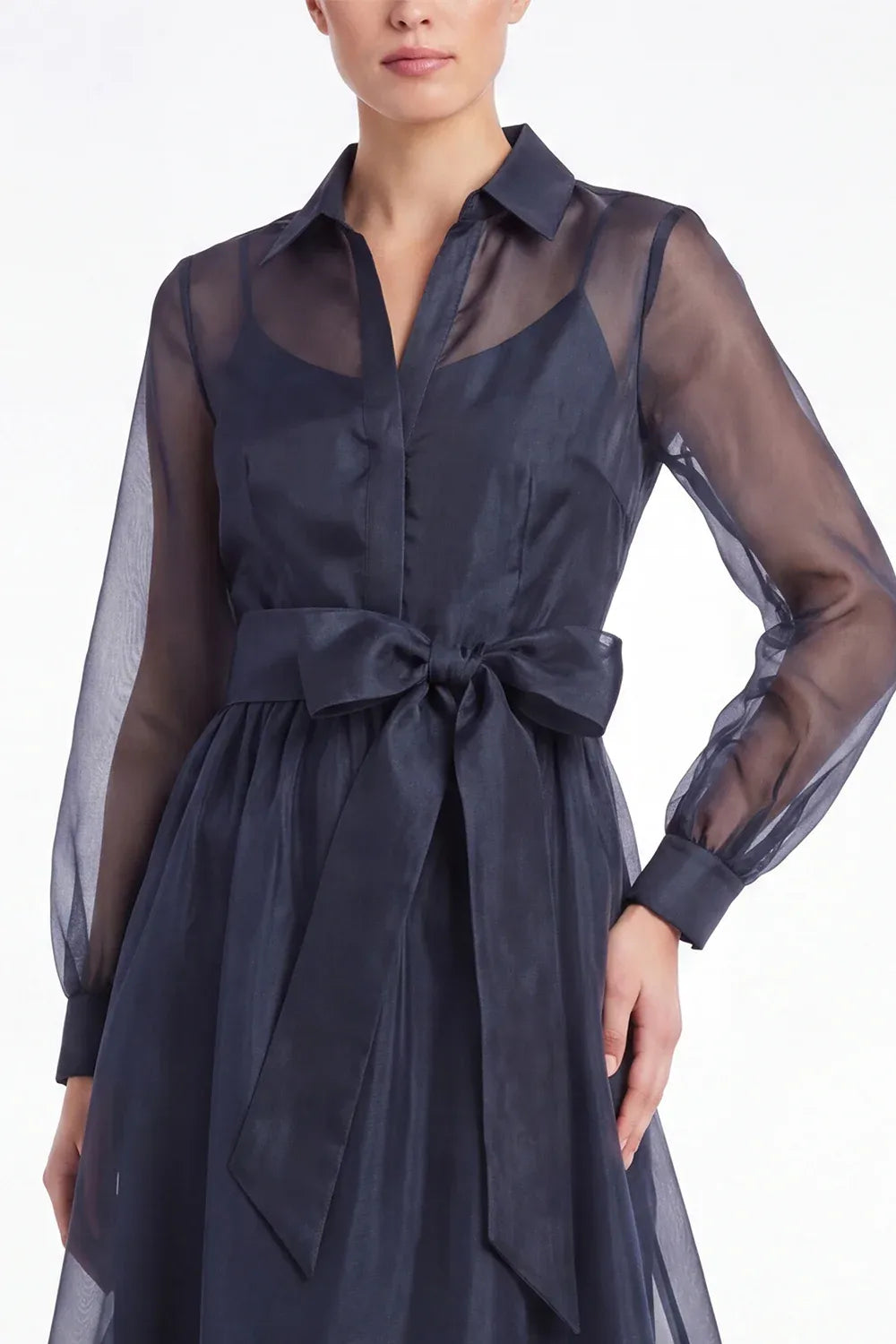 Chic Organza A-Line Collared Long-Sleeve Sheer-Back Tea-Length Wedding Guest Dress