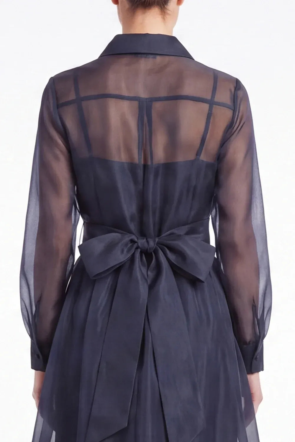 Chic Organza A-Line Collared Long-Sleeve Sheer-Back Tea-Length Wedding Guest Dress
