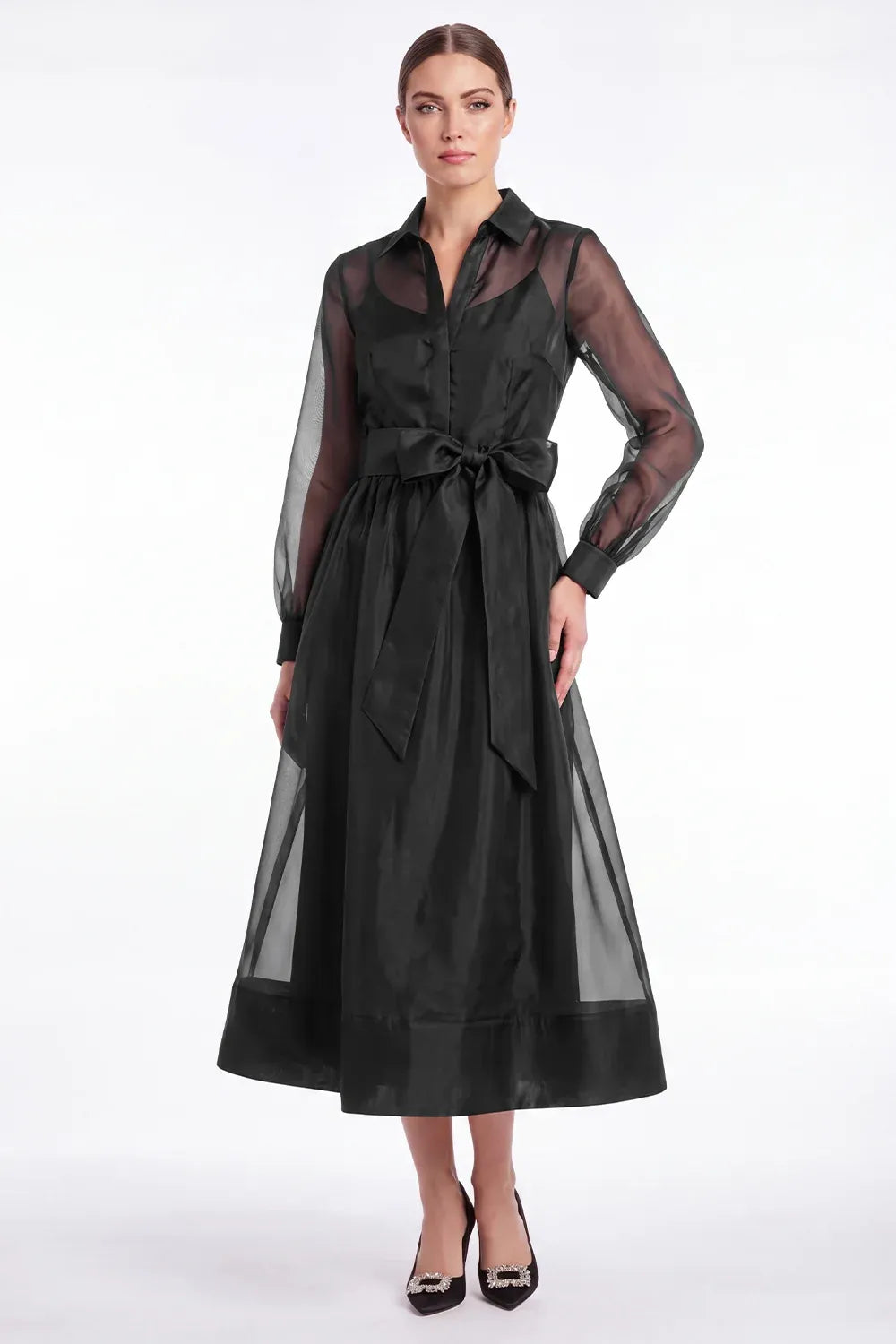 Chic Organza A-Line Collared Long-Sleeve Sheer-Back Tea-Length Wedding Guest Dress