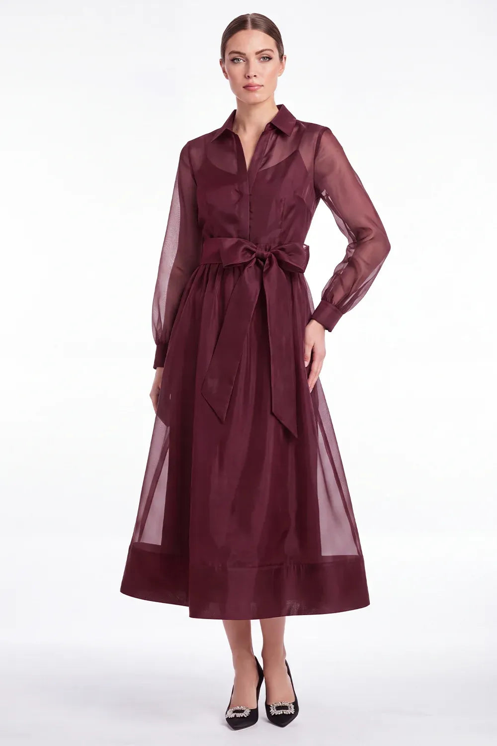 Chic Organza A-Line Collared Long-Sleeve Sheer-Back Tea-Length Wedding Guest Dress