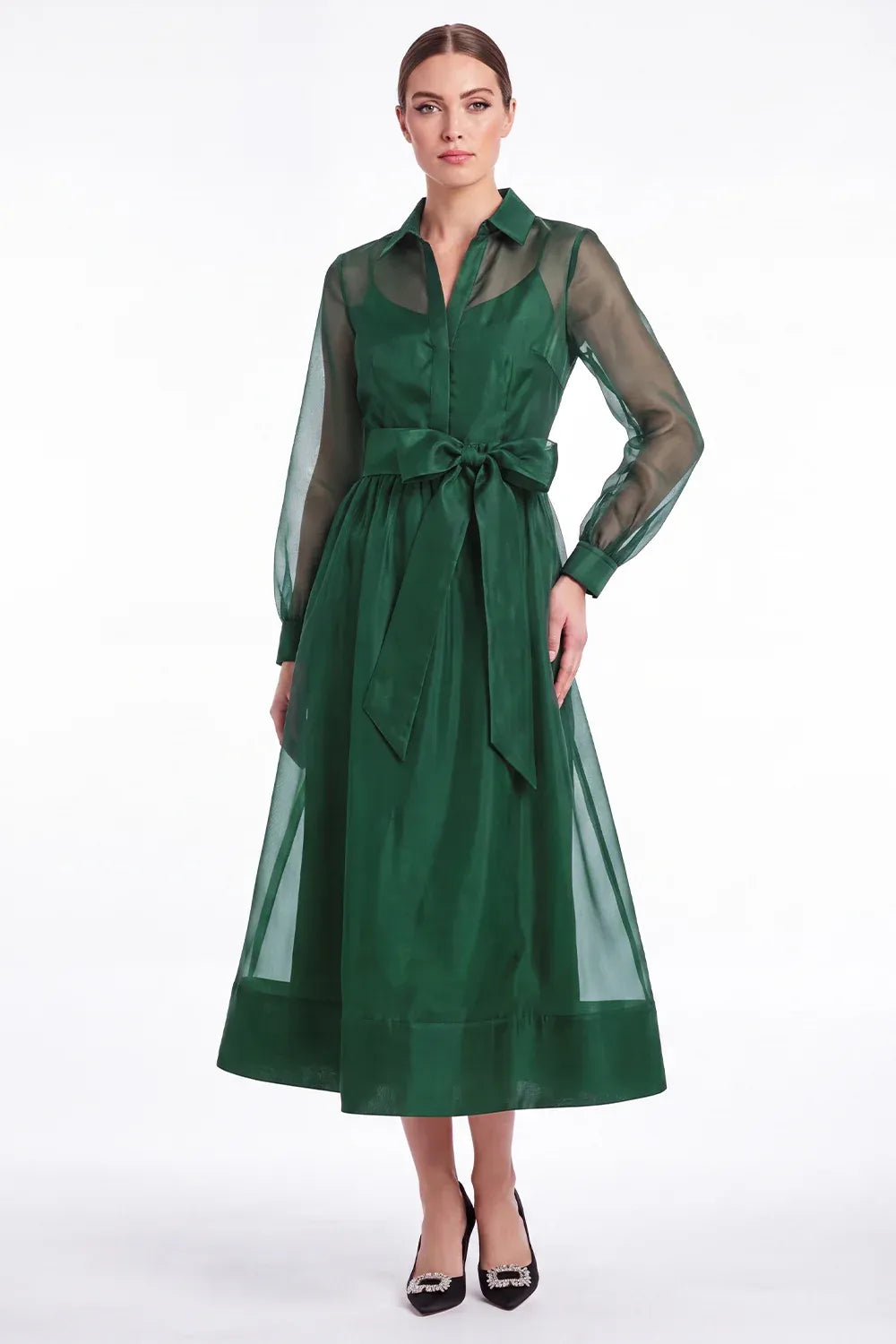 Chic Organza A-Line Collared Long-Sleeve Sheer-Back Tea-Length Wedding Guest Dress