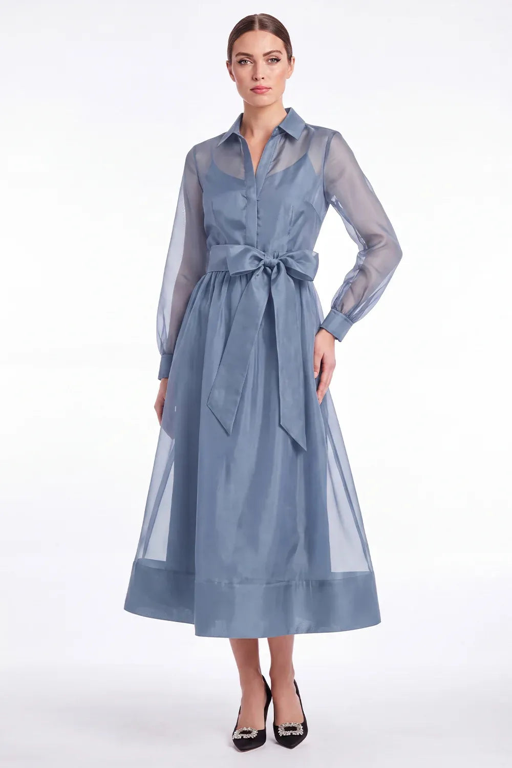 Chic Organza A-Line Collared Long-Sleeve Sheer-Back Tea-Length Wedding Guest Dress