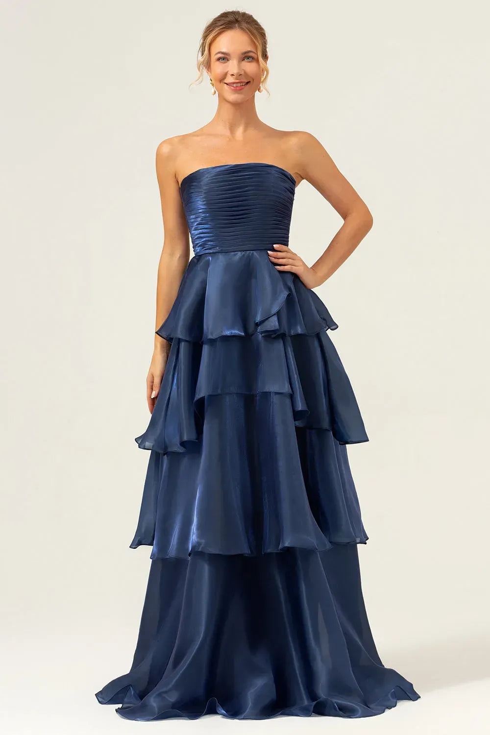 Loverlm dark navy strapless A-line prom dress with straight neckline, ruched bodice and cascading tiered floor-length ruffle skirt