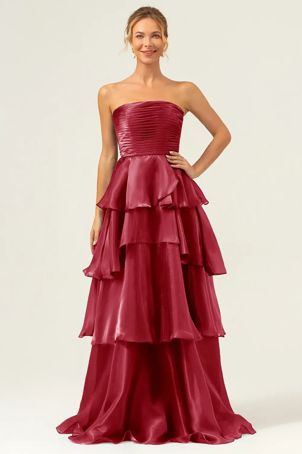 Elegant A-Line Strapless Straight Neck Zipper Tiered Floor Length Prom Dress