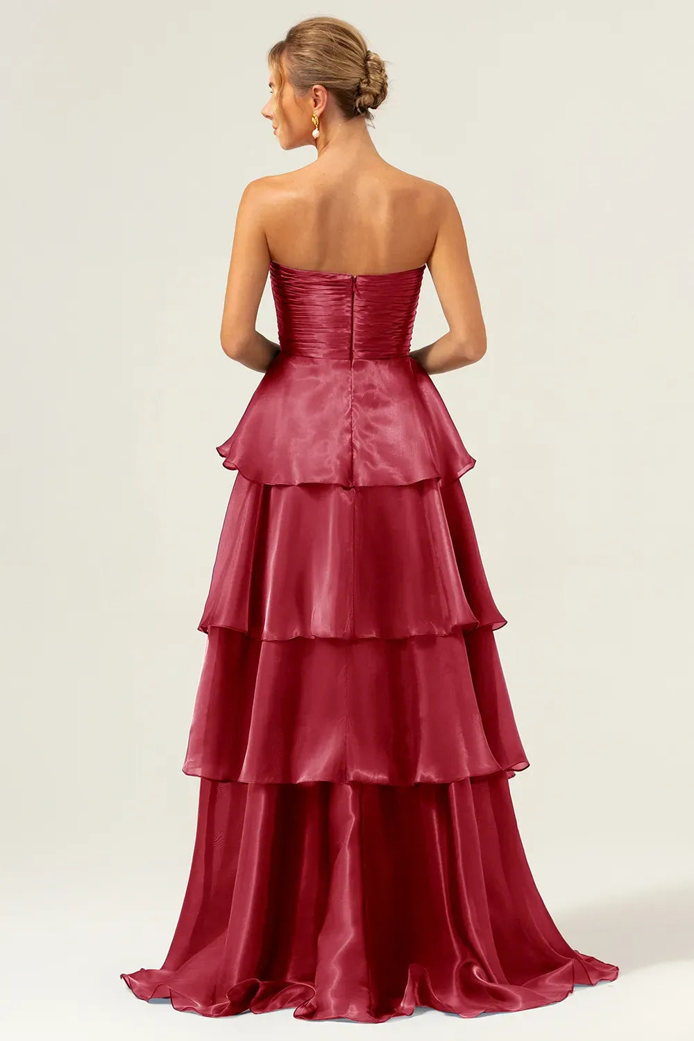 Elegant A-Line Strapless Straight Neck Zipper Tiered Floor Length Prom Dress