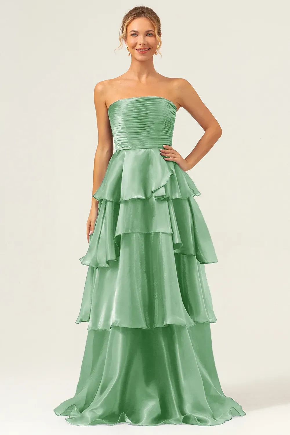 Elegant A-Line Strapless Straight Neck Zipper Tiered Floor Length Prom Dress