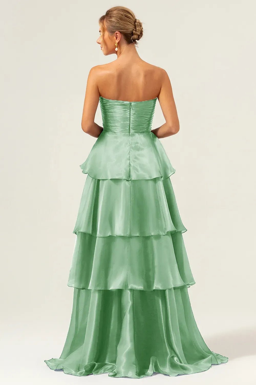 Elegant A-Line Strapless Straight Neck Zipper Tiered Floor Length Prom Dress