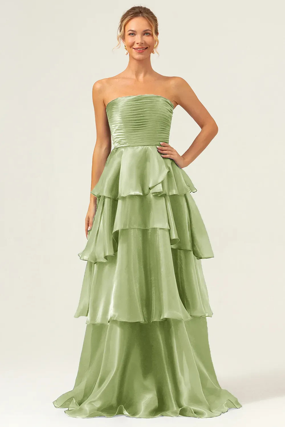 Elegant A-Line Strapless Straight Neck Zipper Tiered Floor Length Prom Dress