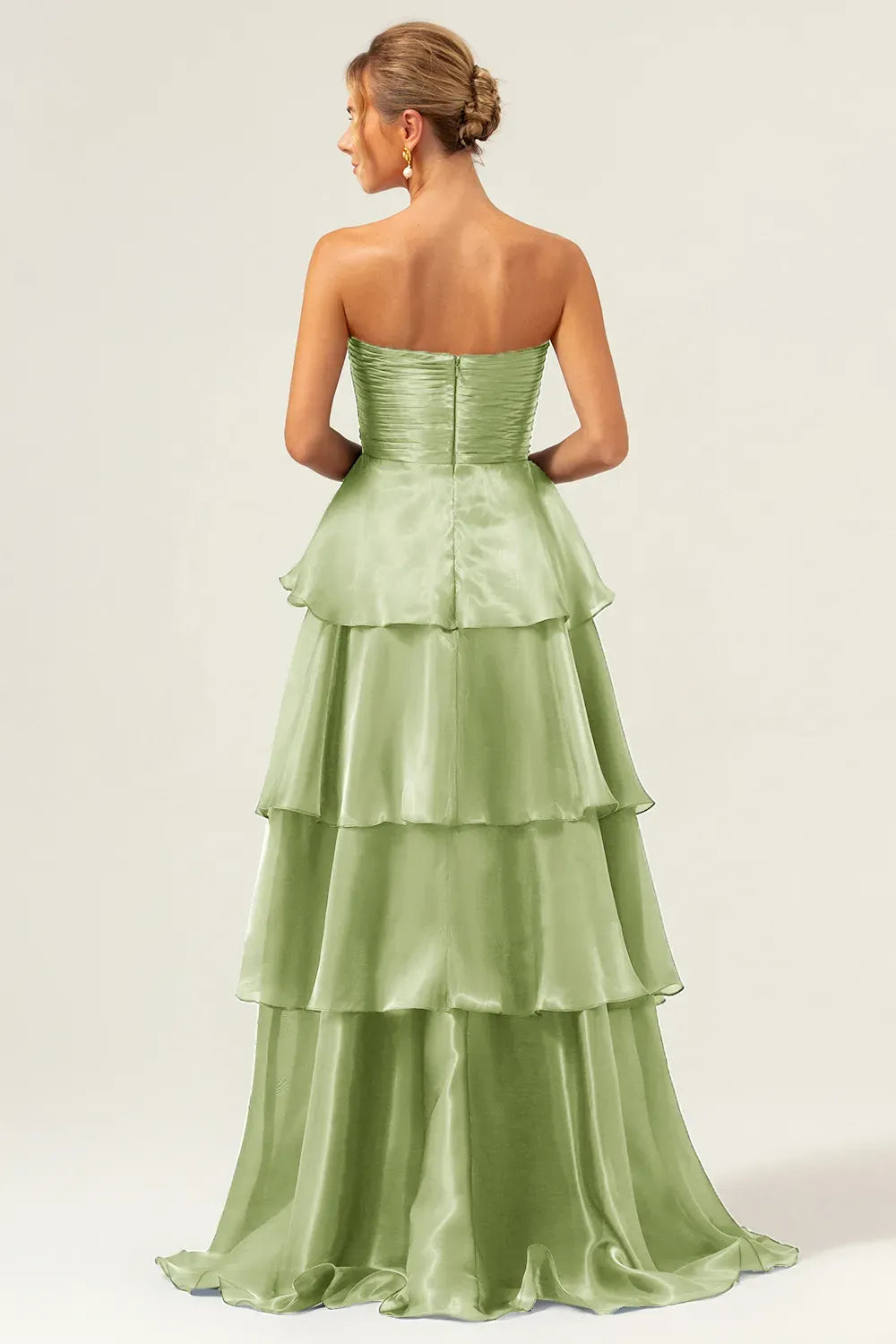 Elegant A-Line Strapless Straight Neck Zipper Tiered Floor Length Prom Dress