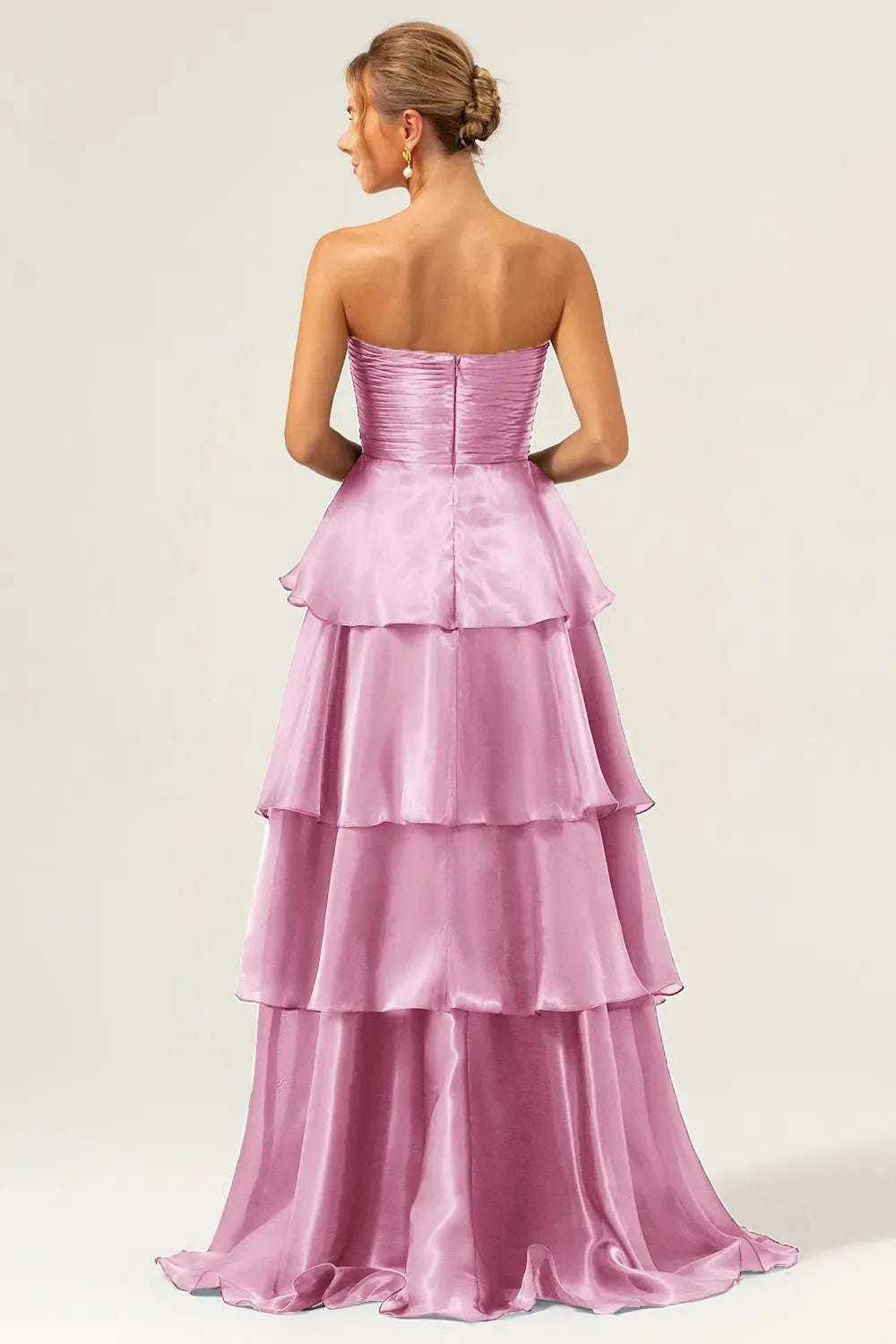 Elegant A-Line Strapless Straight Neck Zipper Tiered Floor Length Prom Dress