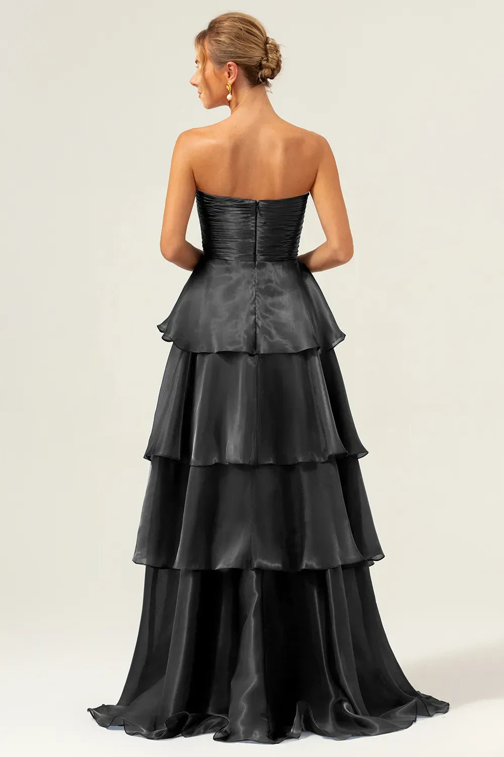 Elegant A-Line Strapless Straight Neck Zipper Tiered Floor Length Prom Dress
