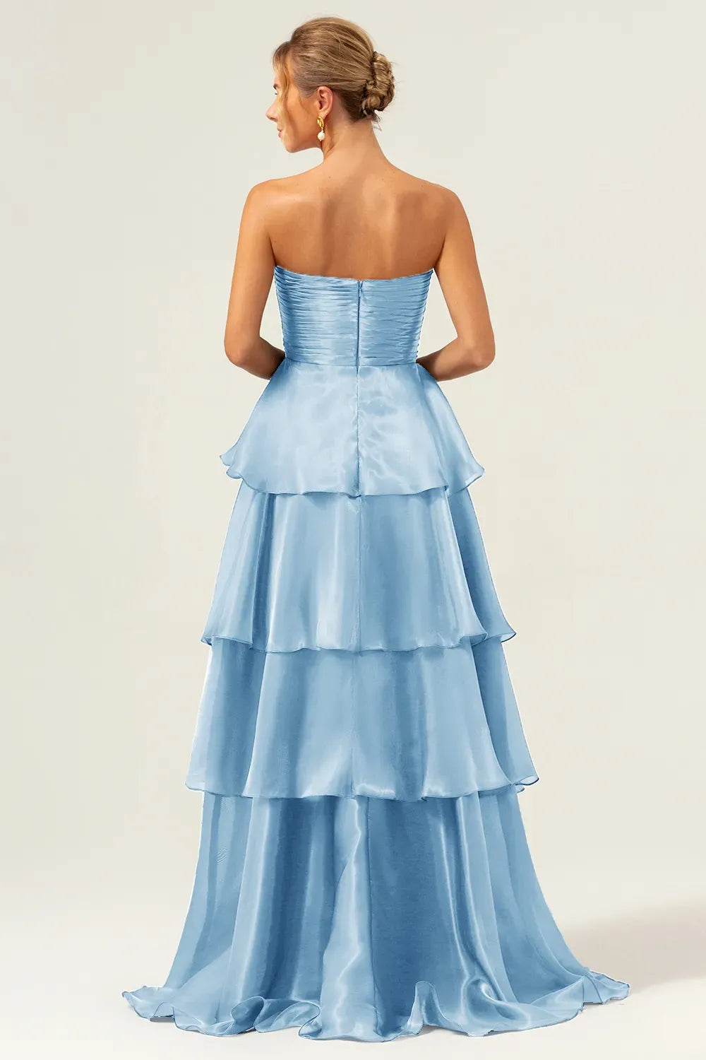 Elegant A-Line Strapless Straight Neck Zipper Tiered Floor Length Prom Dress