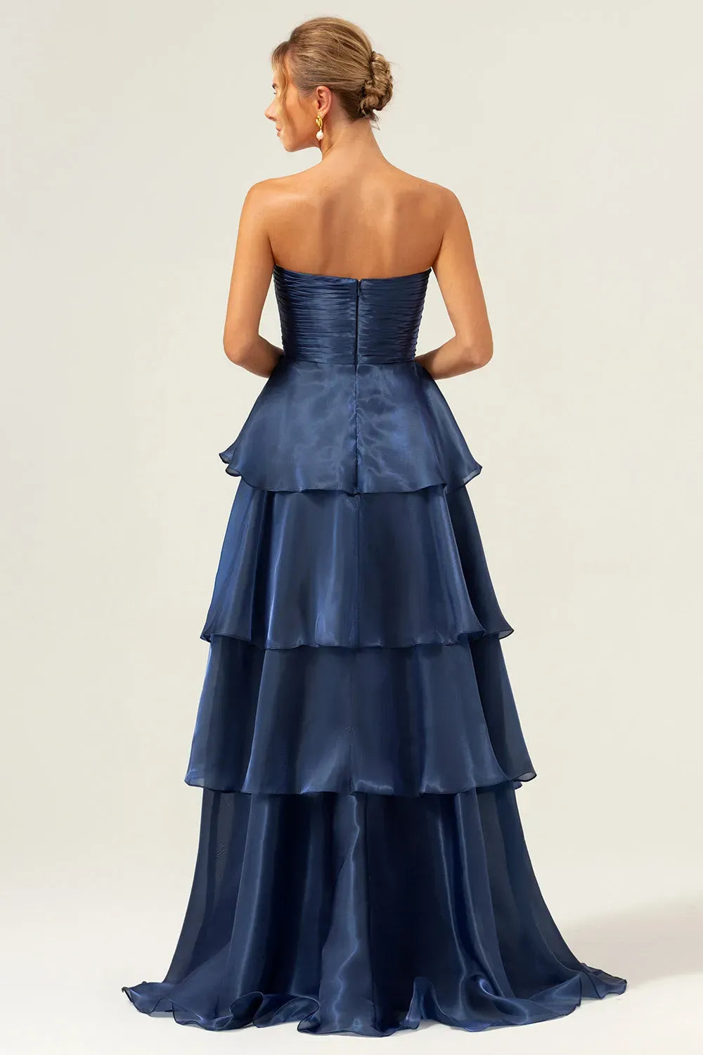 Elegant A-Line Strapless Straight Neck Zipper Tiered Floor Length Prom Dress