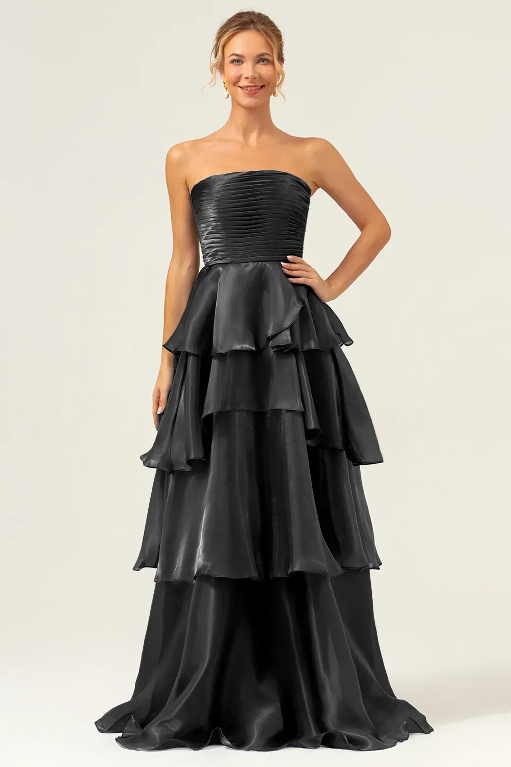 Elegant A-Line Strapless Straight Neck Zipper Tiered Floor Length Prom Dress