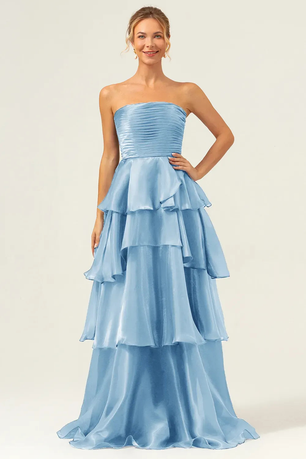 Elegant A-Line Strapless Straight Neck Zipper Tiered Floor Length Prom Dress