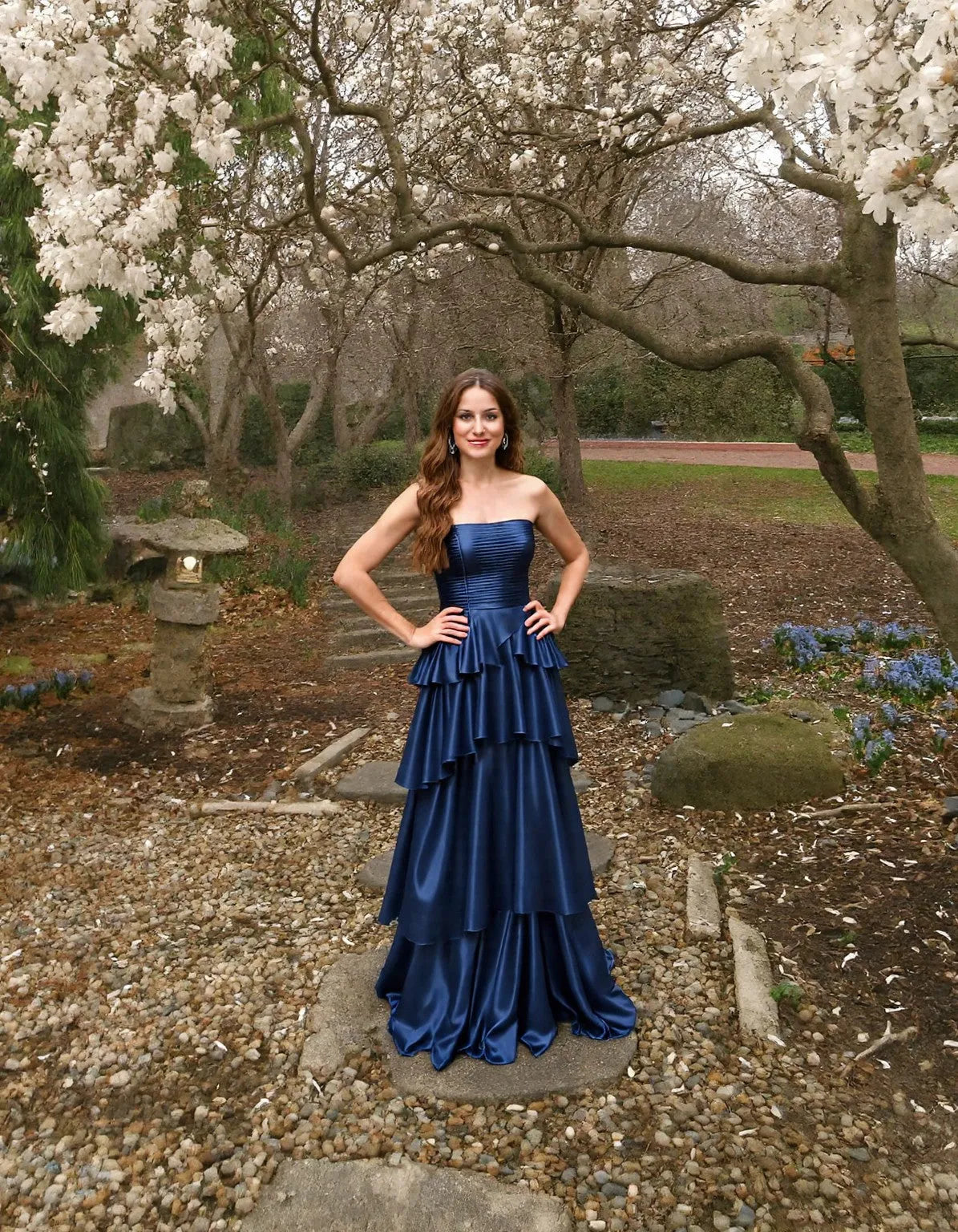 Elegant A-Line Strapless Straight Neck Zipper Tiered Floor Length Prom Dress