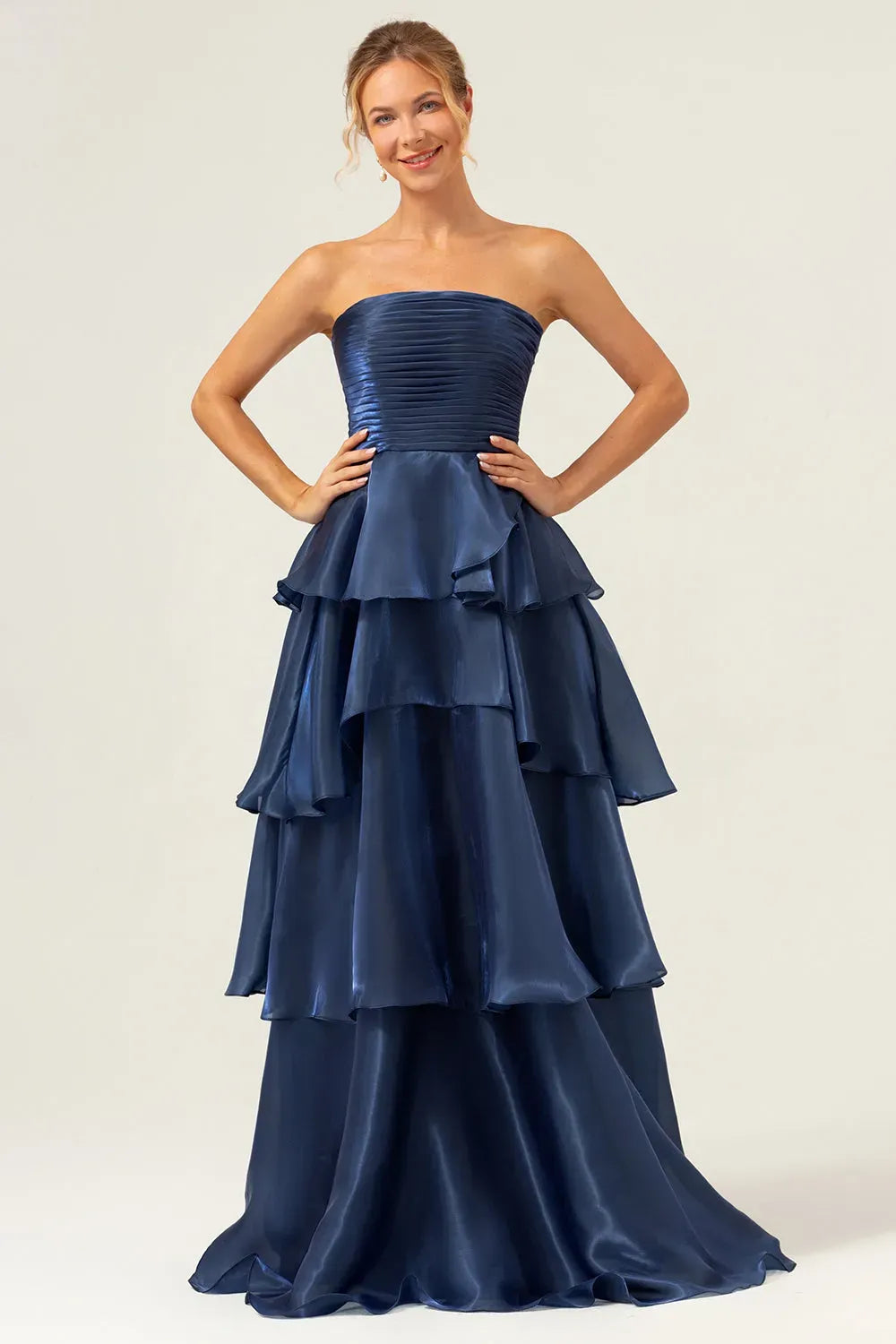 Elegant A-Line Strapless Straight Neck Zipper Tiered Floor Length Prom Dress