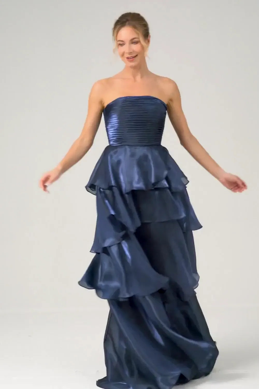 Elegant A-Line Strapless Straight Neck Zipper Tiered Floor Length Prom Dress